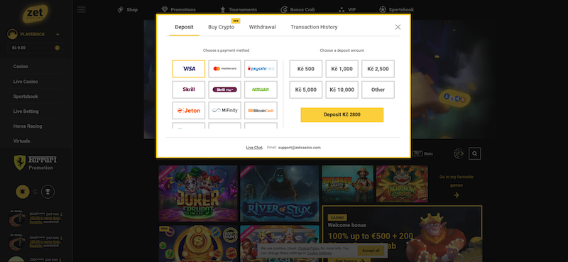 ZetCasino vklad a výběr peněz