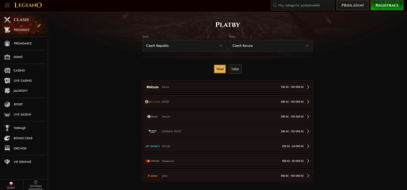 Legiano vklad a výběr 