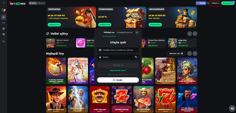 K přihlášení do online casina BetOnRed můžete vyplnit přihlašovací formulář nebo zvolit svůj Google účet