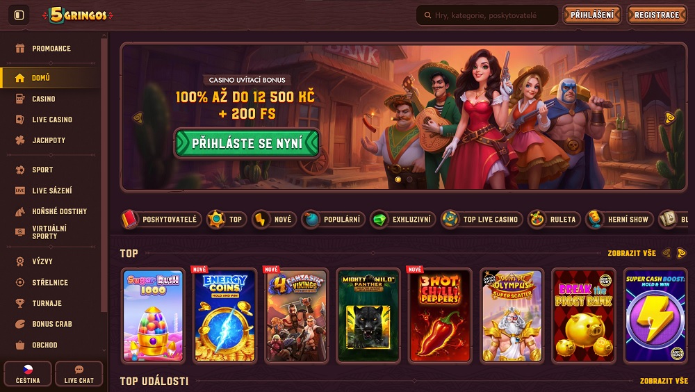 Náhled herní platformy 5Gringos s bohatou nabídkou bonusů a promoakcí