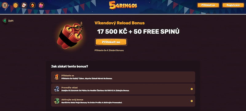 Víkendový reload bonus 17 500 Kč + 200 free spinů v casinu 5Gringos