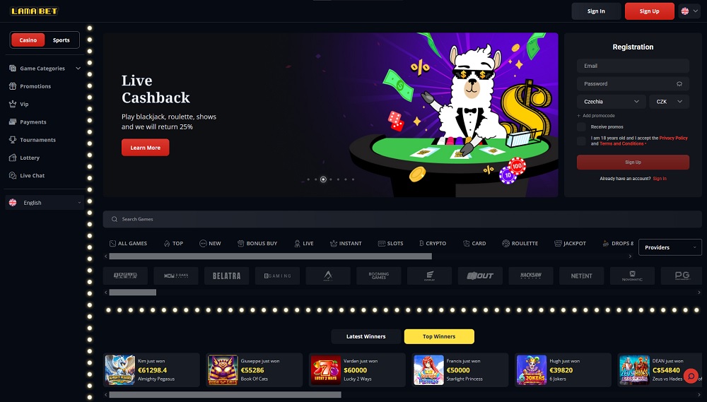 Preview of the landing page at Lamabet casino