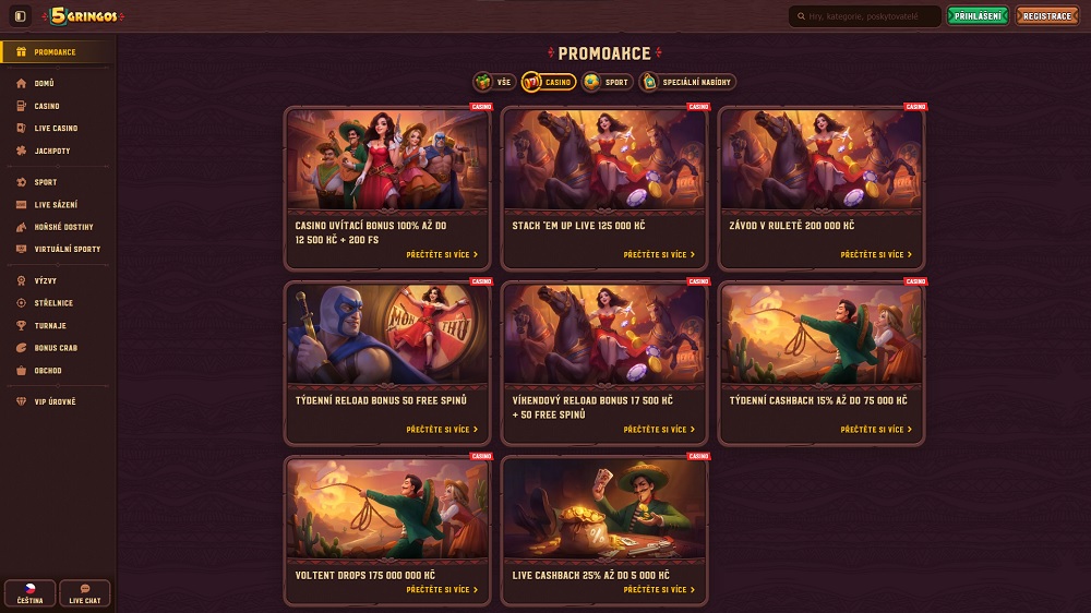 Náhled bonusů a promoakcí s free spins v online casinu 5Gringos