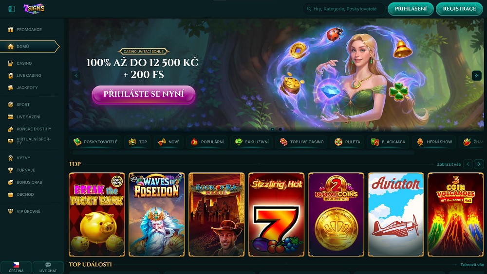 Náhled úvodní stránky online casina 7Signs se štědrým uvítacím bonusem a výběrem top her