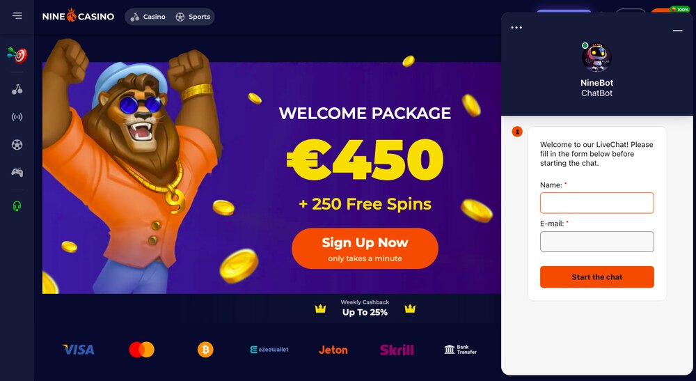 Contact form at NineCasino