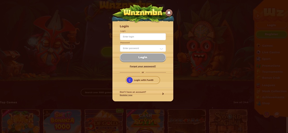 Schermata di login Wazamba