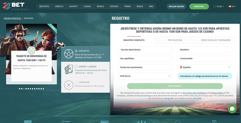 22BET código promocional