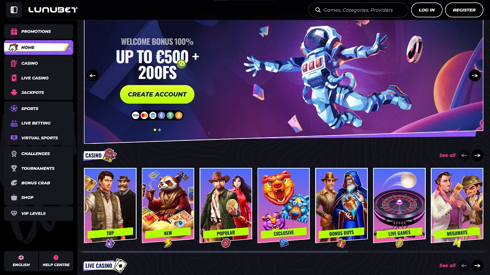Preview of the landing page of LunuBet online casino with generous welcome bonus