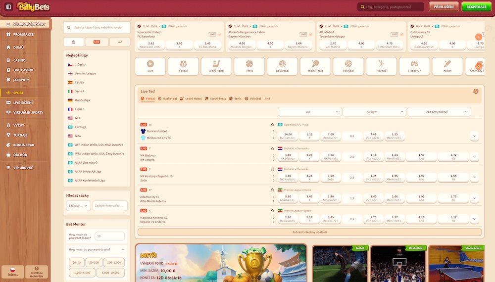 BillyBets sázková kancelář homepage