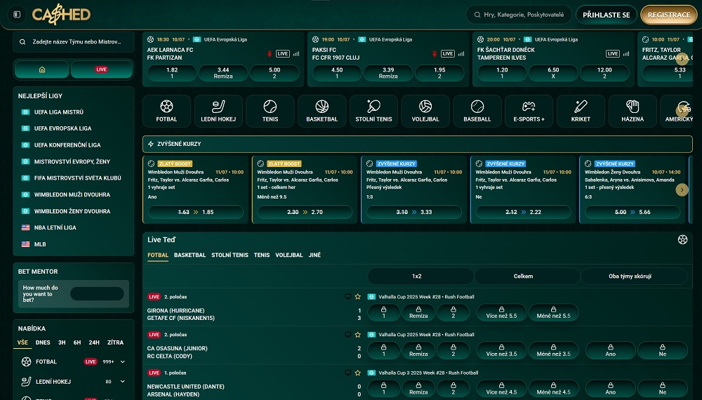 Náhled sázkové kanceláře Cashed s širokou selekcí sportů a událostí k sázení