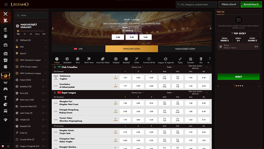 Náhled konkrétních tiketů a výběru sportovních událostí v sázkové kanceláři Legiano