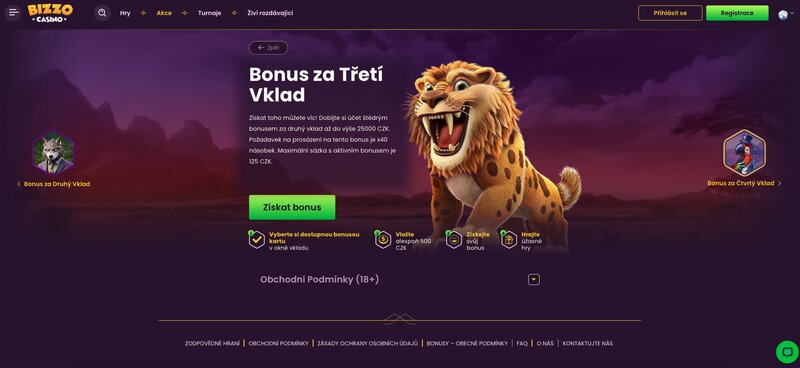Bonus ke třetímu vkladu v casinu Bizzo Casino