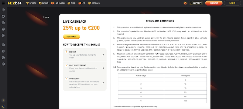 Live cashback v casinu FEZbet