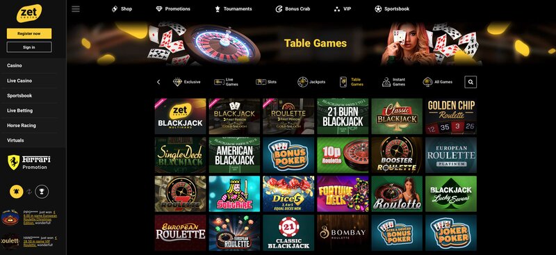 Stolní hry v casinu ZetCasino