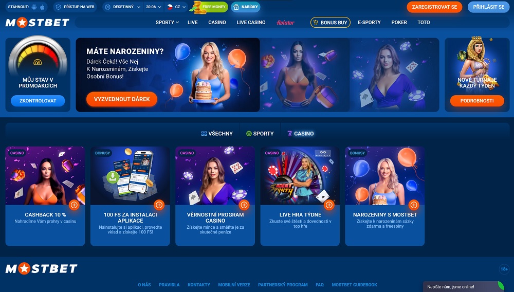 Náhled nabídky promoakcí obsahující free spins v online casinu MostBet