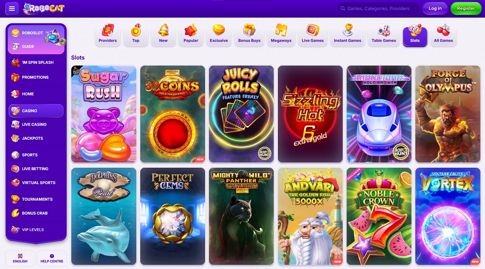Preview of the wide selection of slot machines at the online casino Robocat