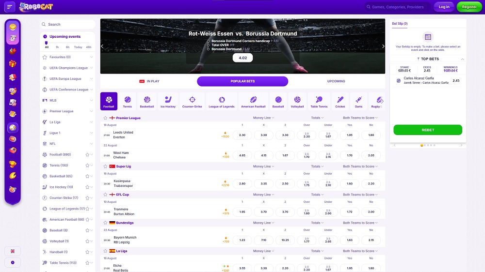 Preview of the sportsbook UI at the Robocat bookmaker