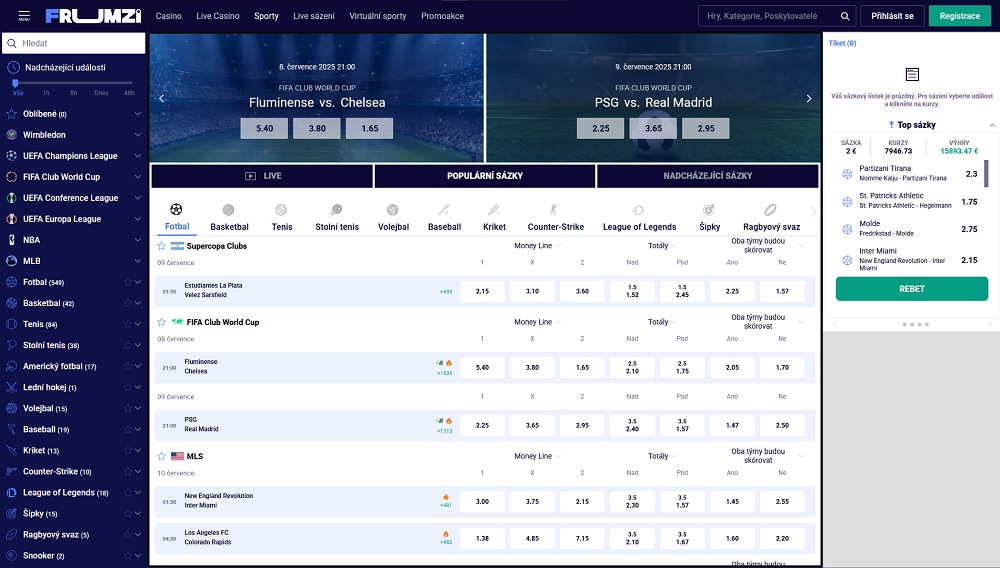Náhled sázkové kanceláře Frumzi s bohatou nabídkou sportů a událostí k sázení