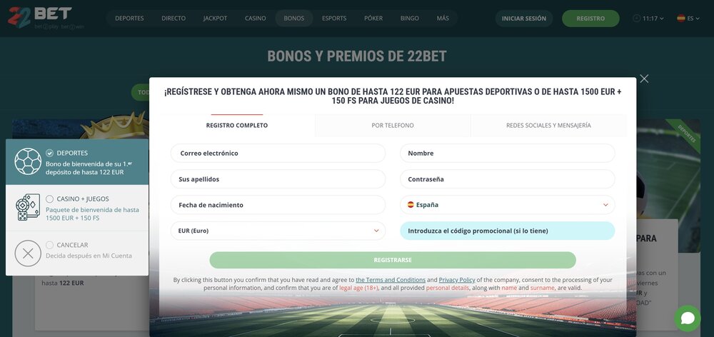 22BET bono sin depósito
