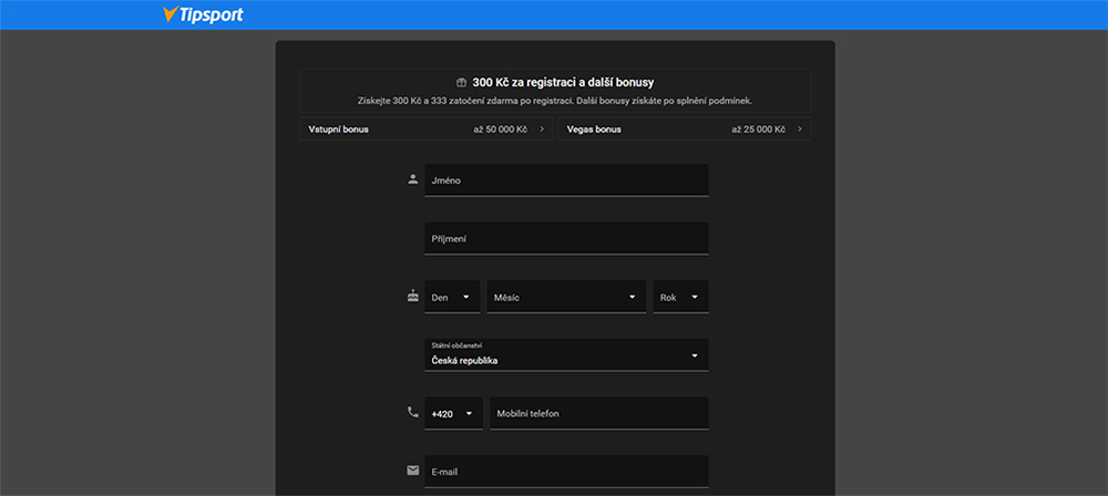 Tipsport registrační formulář