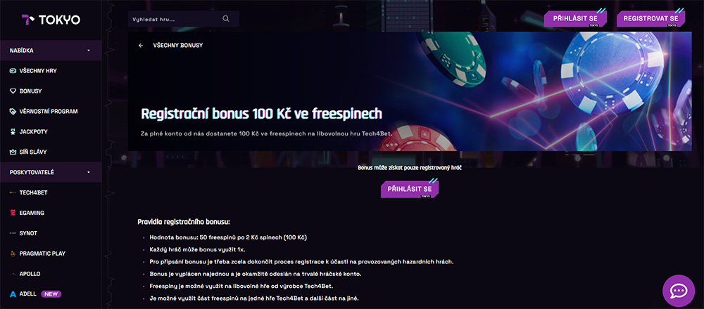 Tokyo bonus za registraci úvod