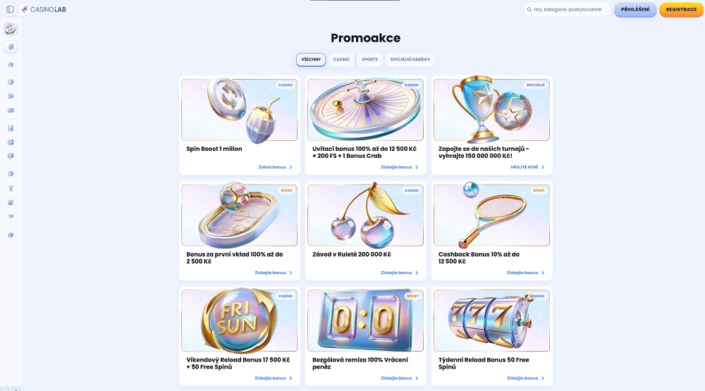 Náhled bonusů a promoakcí v online casinu a sázkové kanceláři CasinoLab
