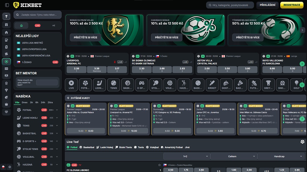 Náhled sportovní sekce s nabídkou štědrých bonusů v sázkové kanceláři KinBet