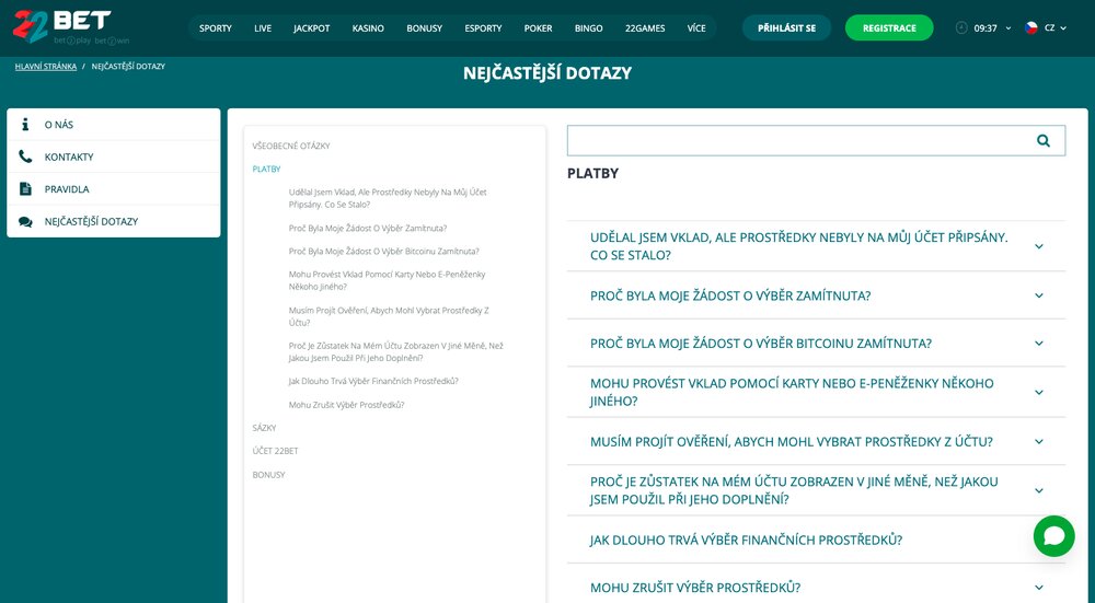 Časté dotazy k výběru v casinu 22Bet