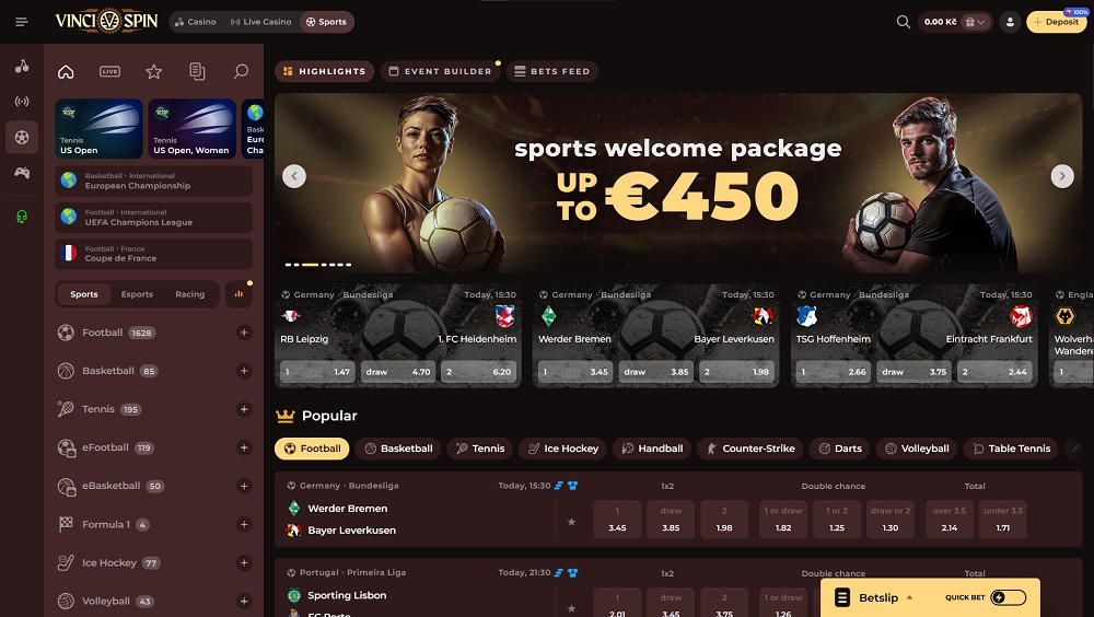 Preview of the Vinci Spin sports betting section