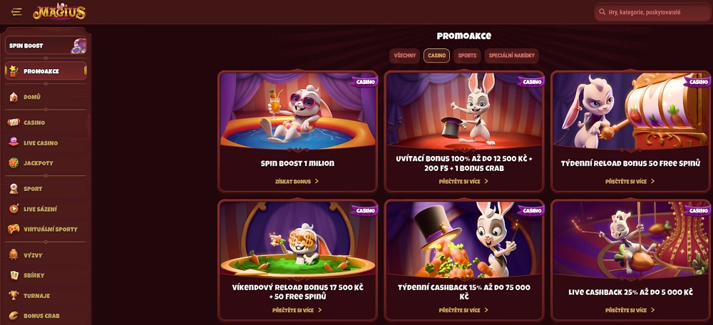 Náhled bonusů a promoakcí obsahující free spiny v online casinu Magius