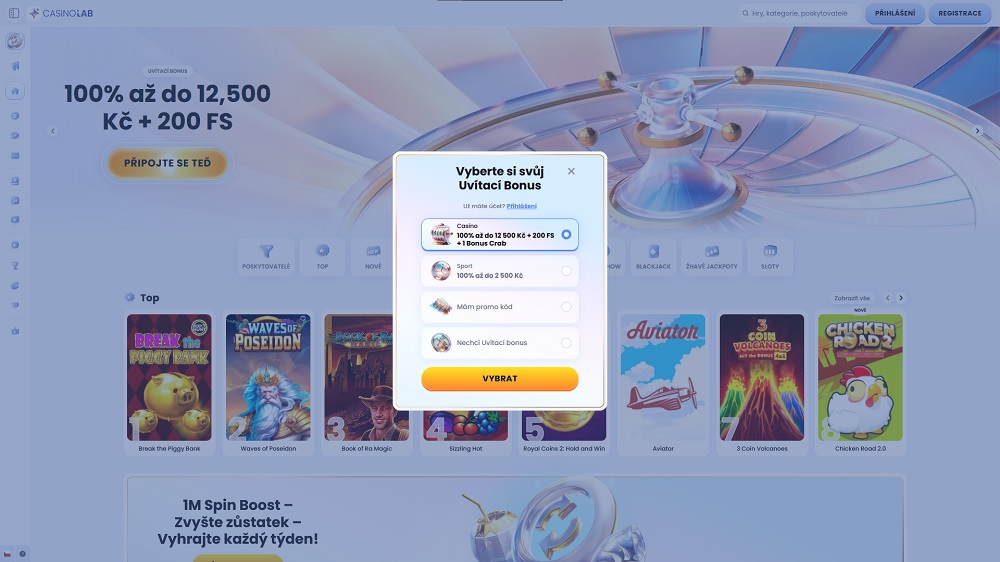 Náhled volby vstupního bonusu při registraci v online casinu a sázkové kanceláři CasinoLab