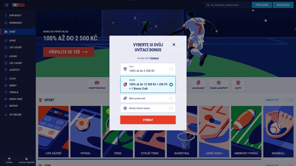 Náhled registračního formuláře v online casinu a sázkové kanceláři TikiTaka