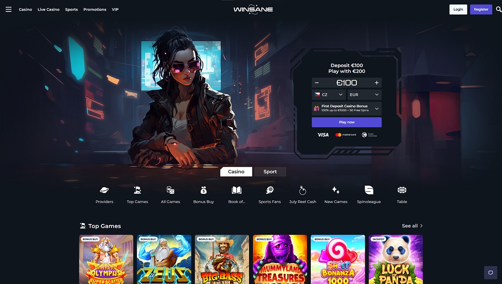 Preview of the landing page at Winsane casino