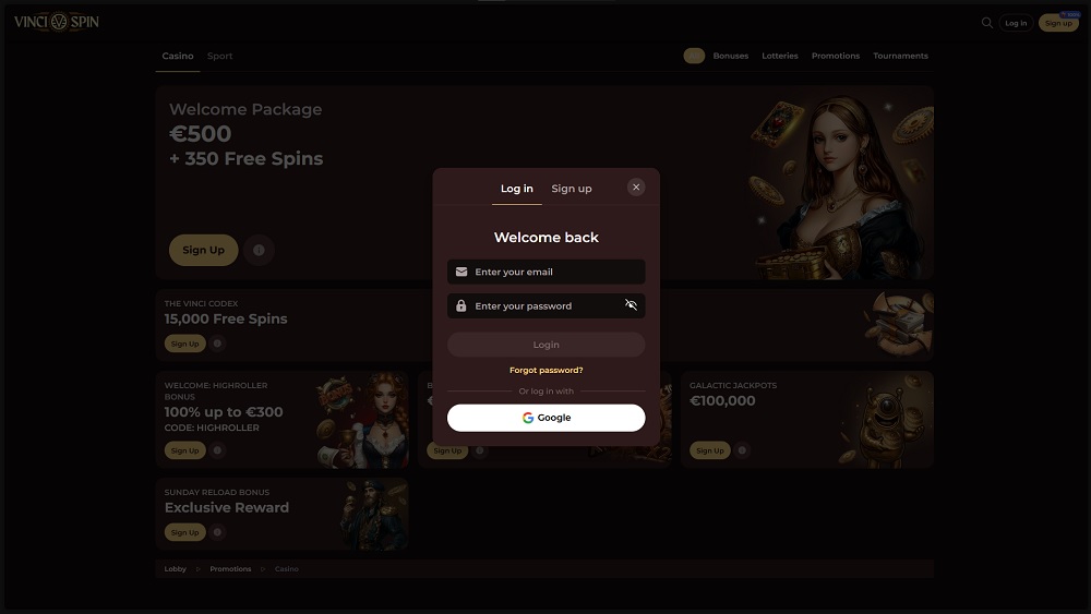 Preview of the login form at Vinci Spin casino
