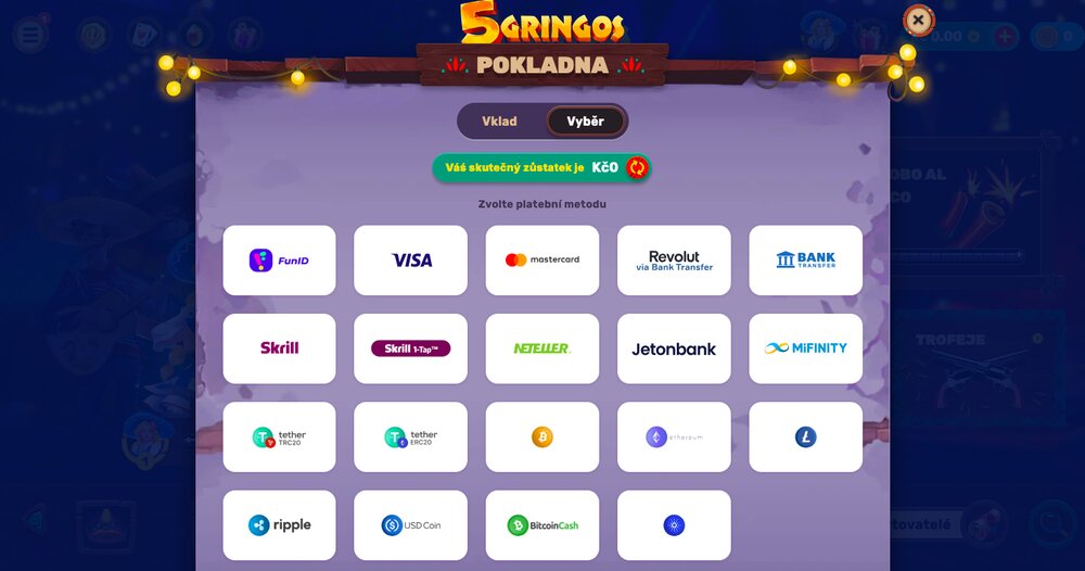 Možnosti výběru peněz v casinu 5Gringos
