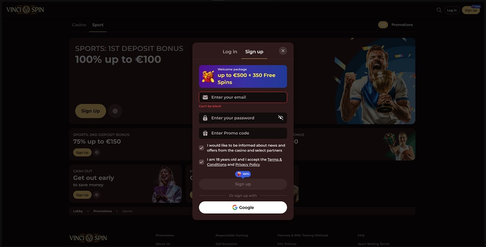 Preview of the registration form at Vinci Spin casino