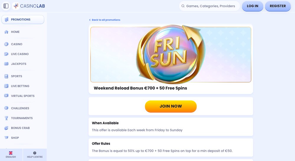 CasinoLab weekend reload bonus