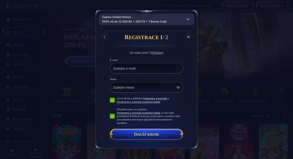Registrace do casina Cazeus