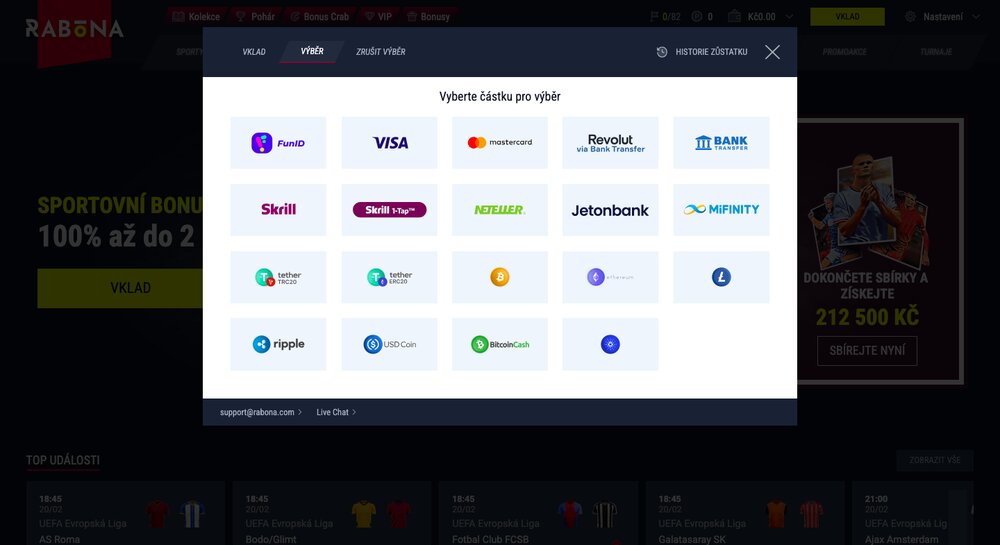 Možnosti výběru peněz z casina Rabona