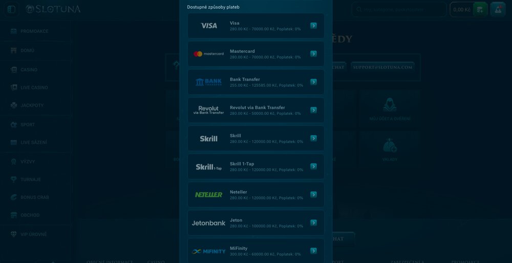 Možnosti výběru peněz z casina Slotuna