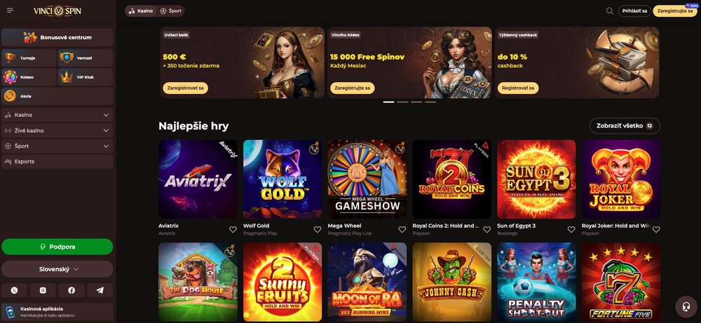 Página de inicio del casino Vinci Spin