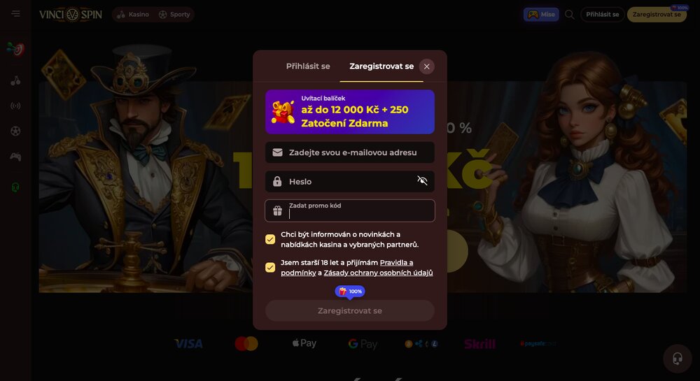Registrace v casinu Vinci Spin a zadání promo code