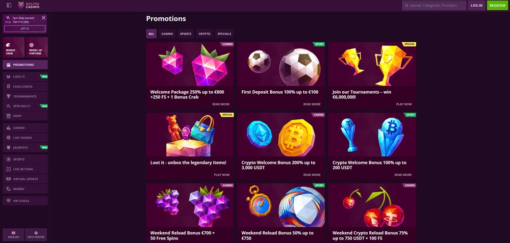 Malina Casino bonusy úvod en