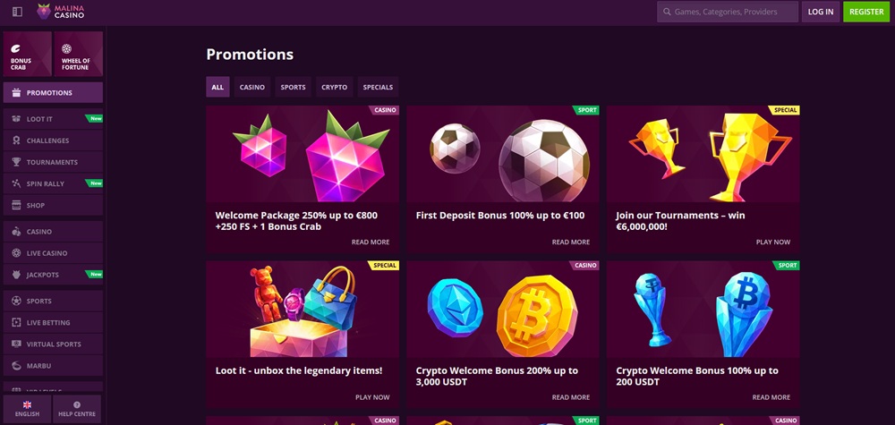 Malina Casino no deposit bonus úvod en