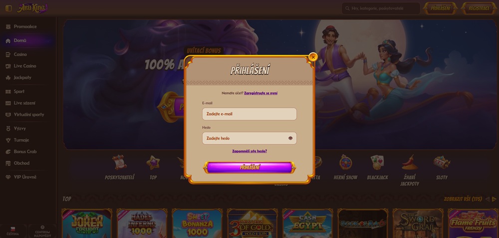 Přihlašovací okno v casinu Abu King
