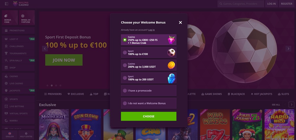 Malina Casino registrace úvod en