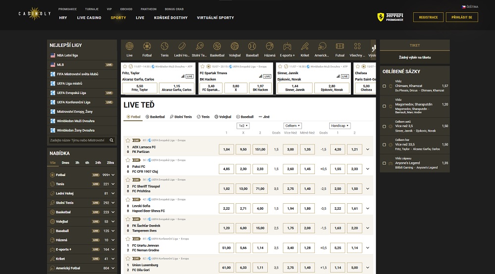 Náhled sázkové kanceláře Casinoly s bohatým výběrem sportů a událostí k sázení