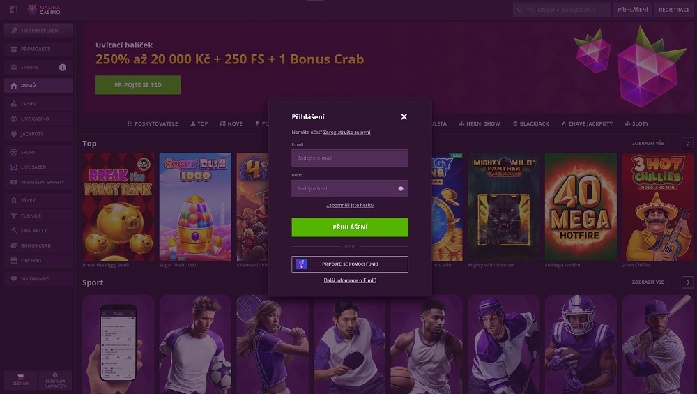Vista previa del formulario de inicio de sesión en el casino online y la casa de apuestas Malina Casino con opción de usar FunID