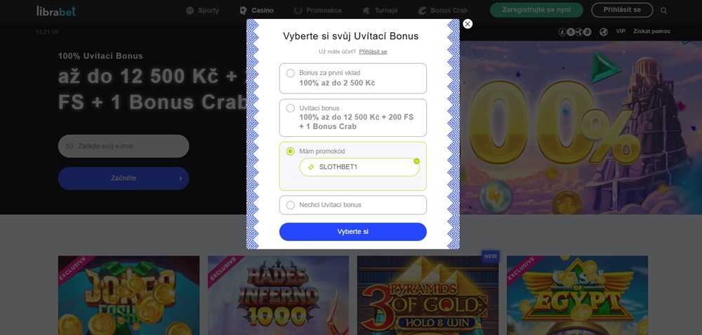 Pole pro zadání promo kódu v casinu LibraBet