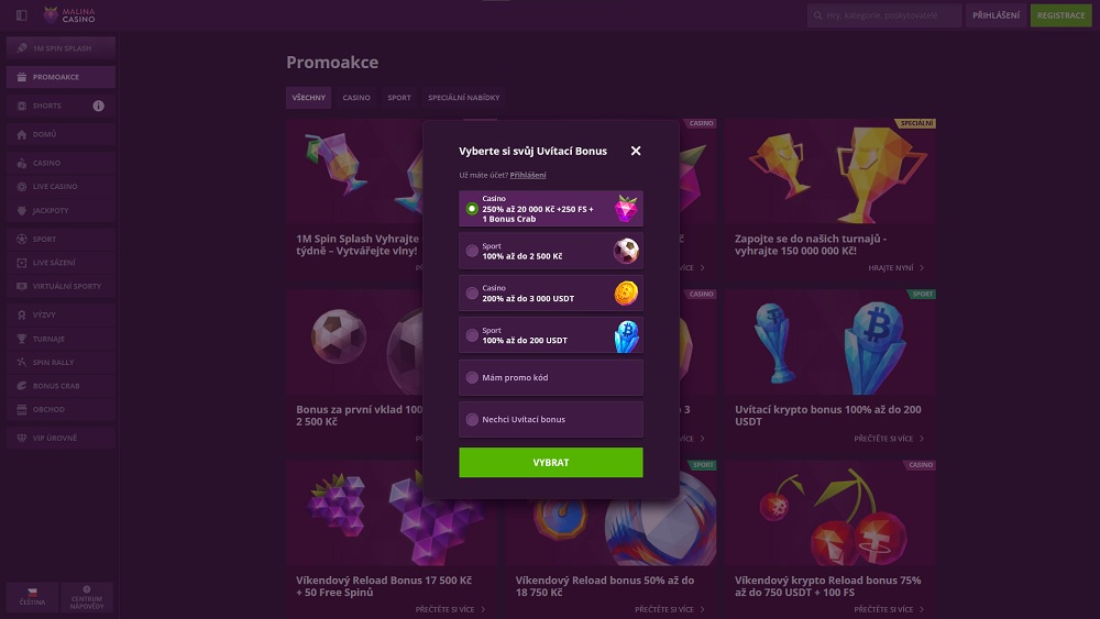 Náhled bonusové nabídky pro nové hráče v online casinu a sázkové kanceláři Malina Casino
